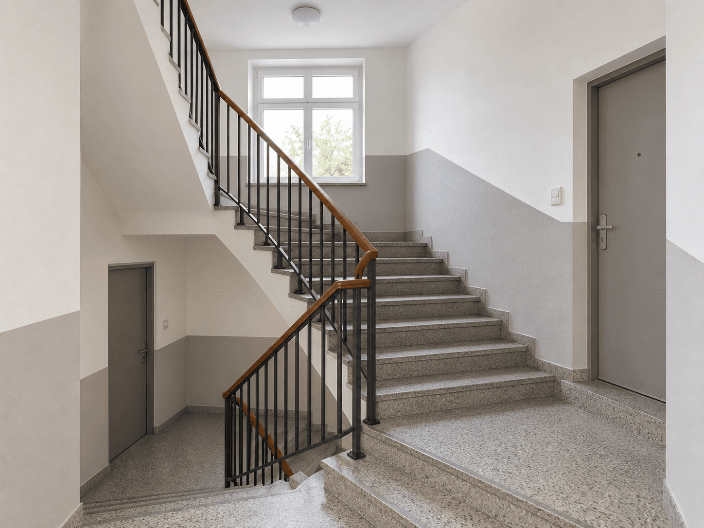 Sauberes Treppenhaus mit hellen Stufen und Handlauf