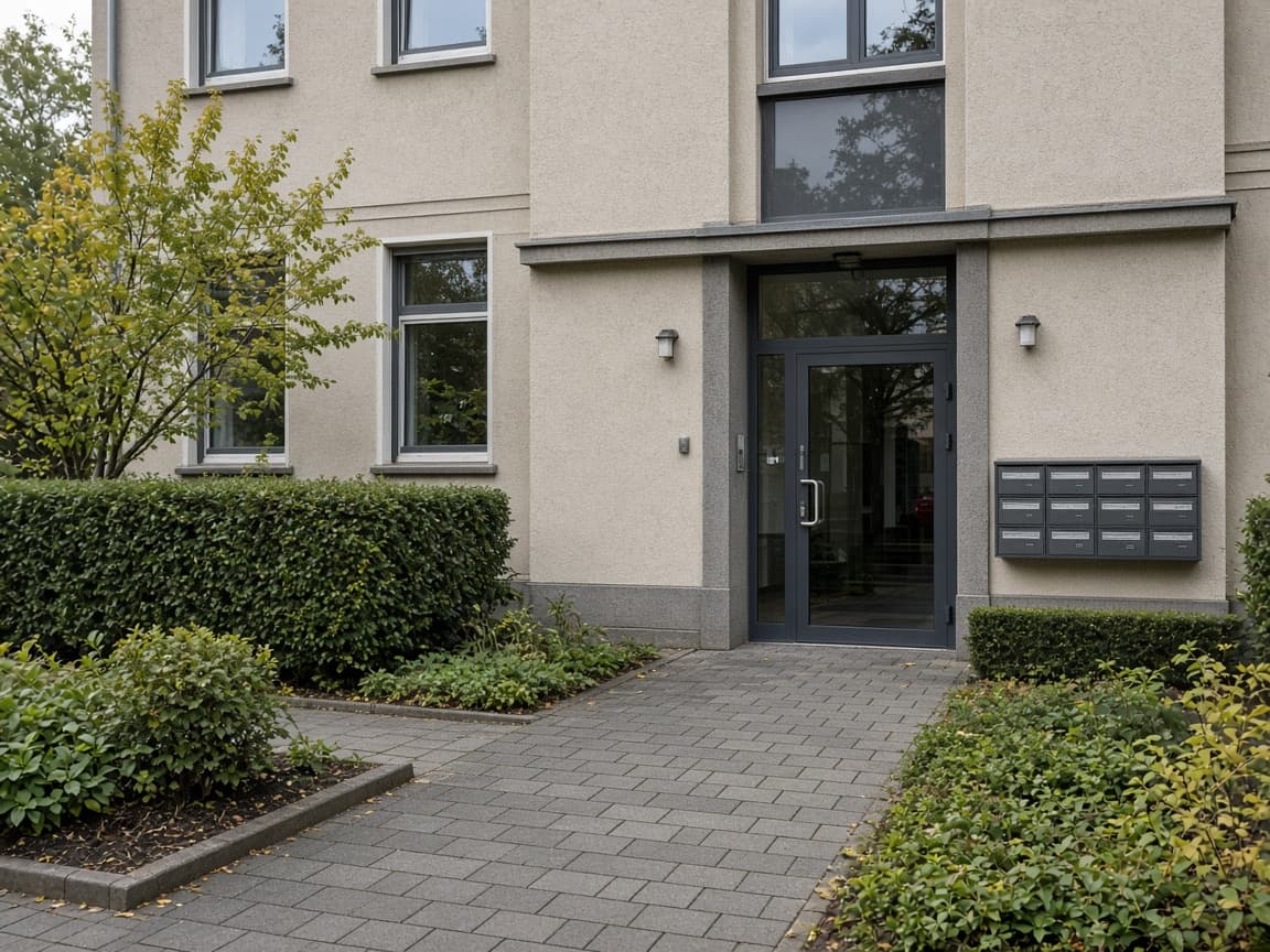 Gepflegte Wohnanlage mit sauberem Eingangsbereich und angelegten Außenflächen